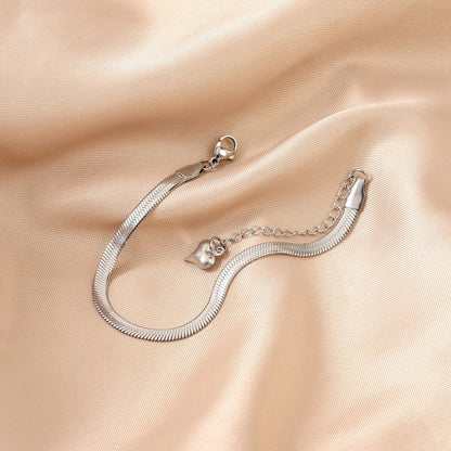 Minimalist Herringbone Flat Chain Heart Charm Bracelet for Women
