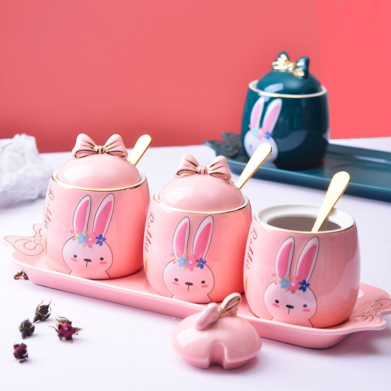 Cute Cartoon Rabbit Ceramic Spice Jar Set - 3 Pieces with Tray