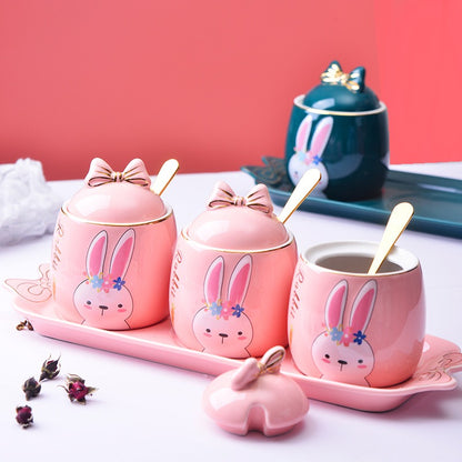 Cute Cartoon Rabbit Ceramic Spice Jar Set - 3 Pieces with Tray