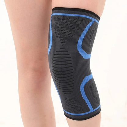 Black and blue knee support sleeve worn on a leg, compression brace for joint pain relief