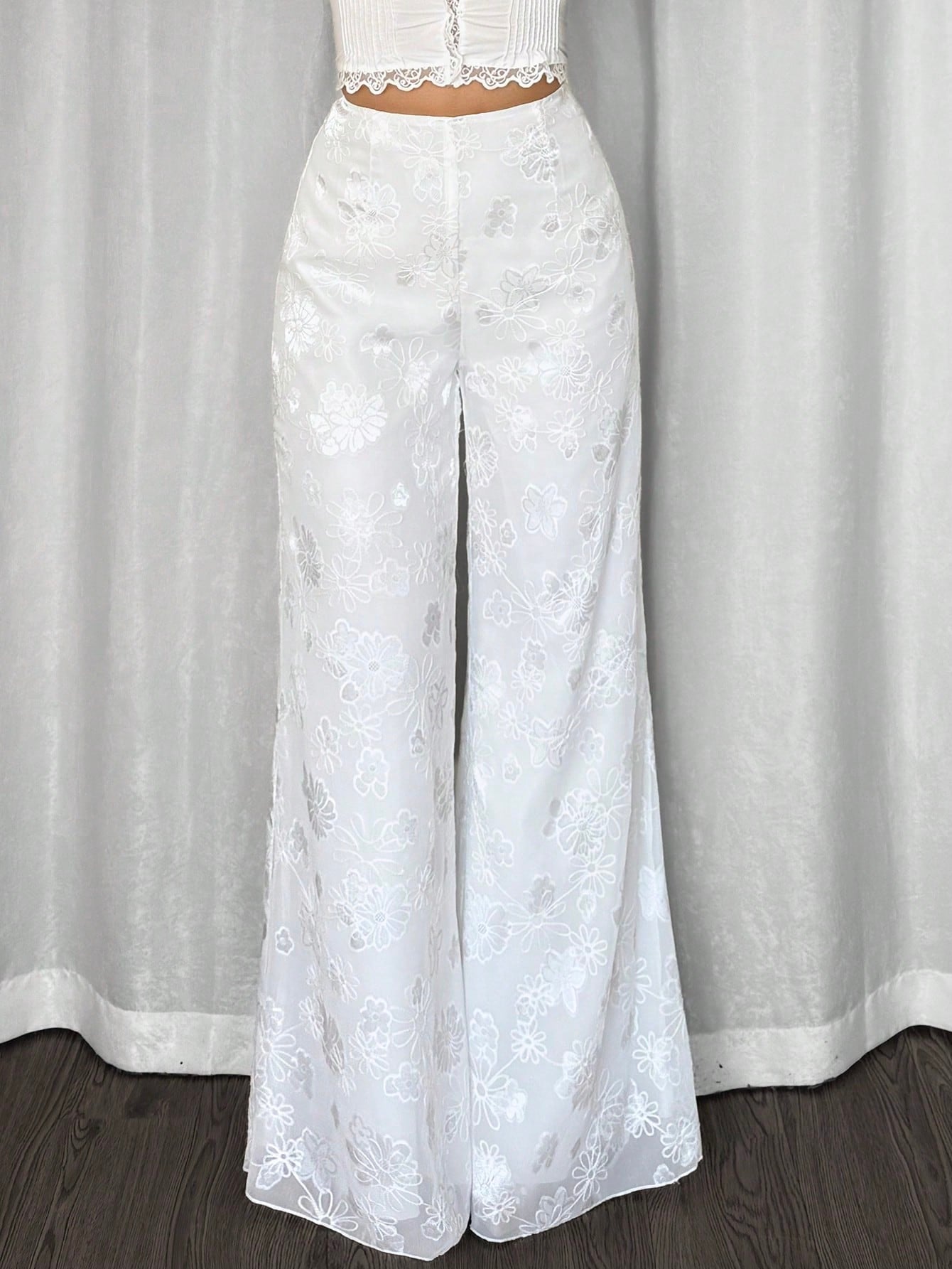 Women's High Rise Wide Leg Trousers - Stylish White Lace Pants