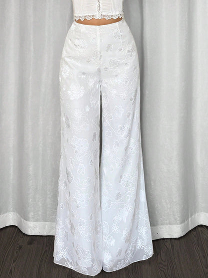Women's High Rise Wide Leg Trousers - Stylish White Lace Pants