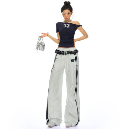 Women's Retro Striped Wide-Leg Track Pants - Loose Sporty Chic