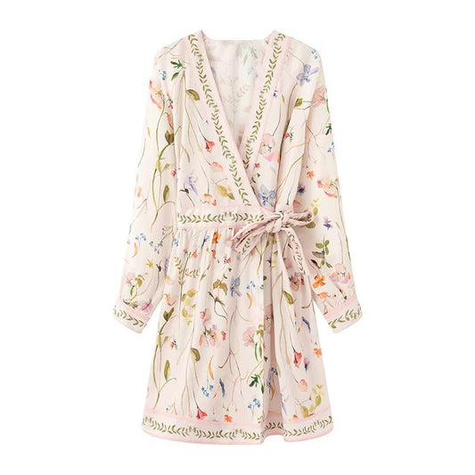 Romantic Floral Print Wrap Mini Dress - Elegant V-Neck Long Sleeve Boho Summer Dress