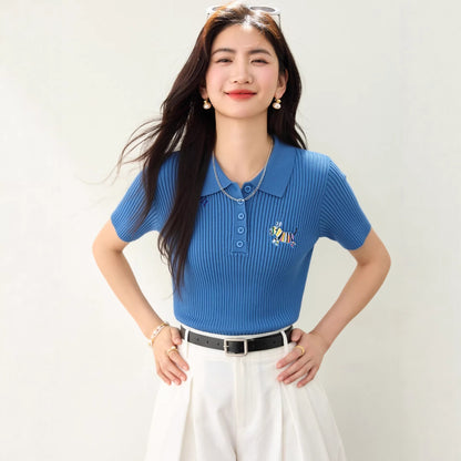 Women's Slim Fit Blue Polo Knit Shirt - Embroidered Short Sleeve Top