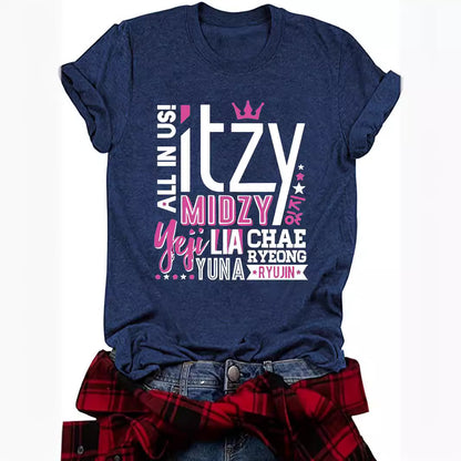 ITZY Slogan Letter Round Neck Short Sleeved Shirt | K-Pop Inspired Graphic T-Shirt