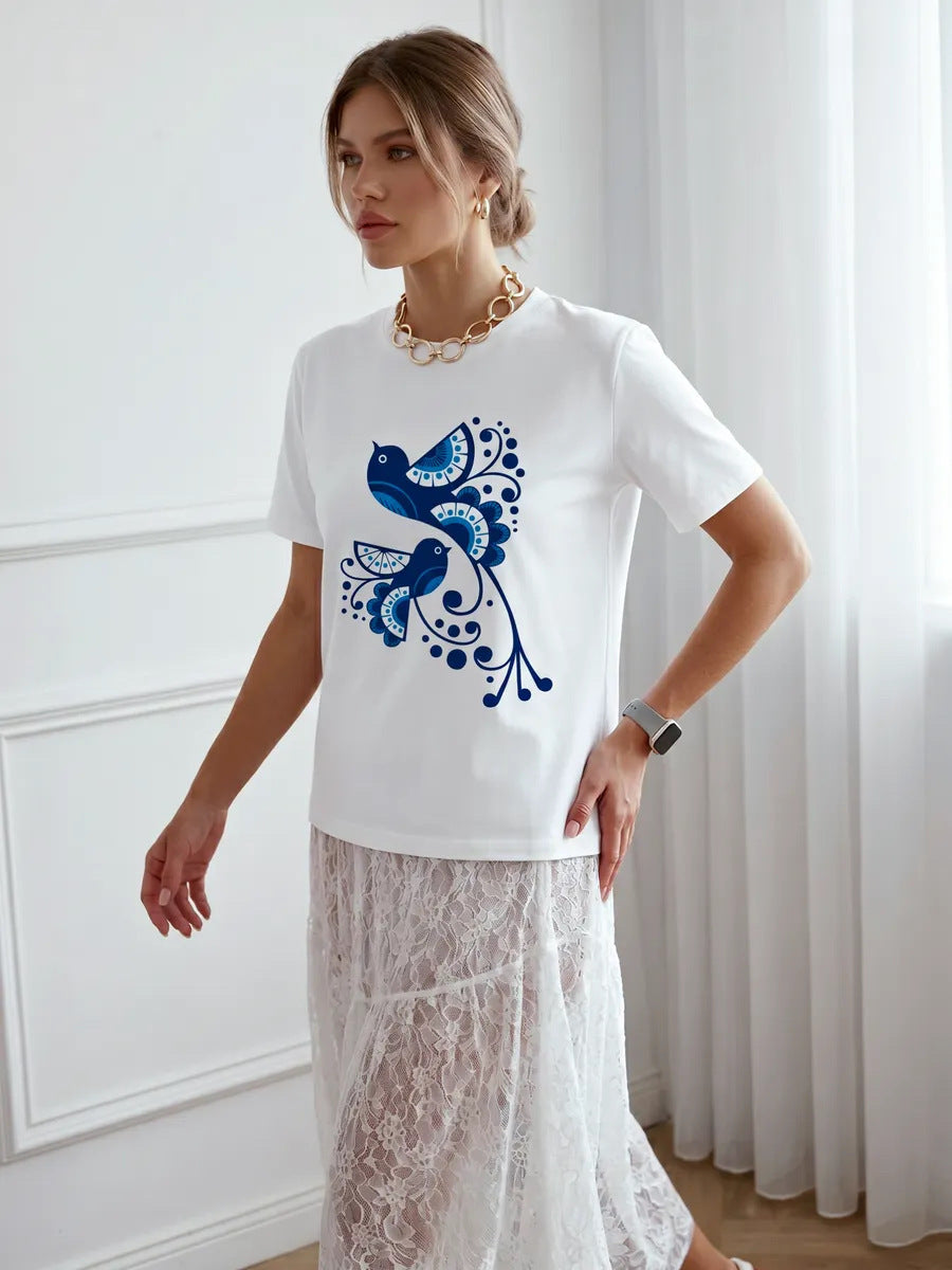Women's Casual White Loose Round Neck Short Sleeved Tee