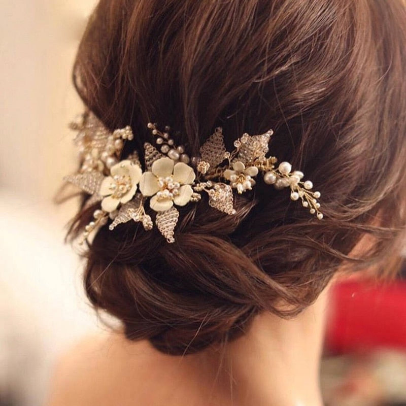 Gold Bridal Hair Comb/Vine with Pearl Beads & Crystal Flowers / Wedding Headpiece Hair Accessories for Women