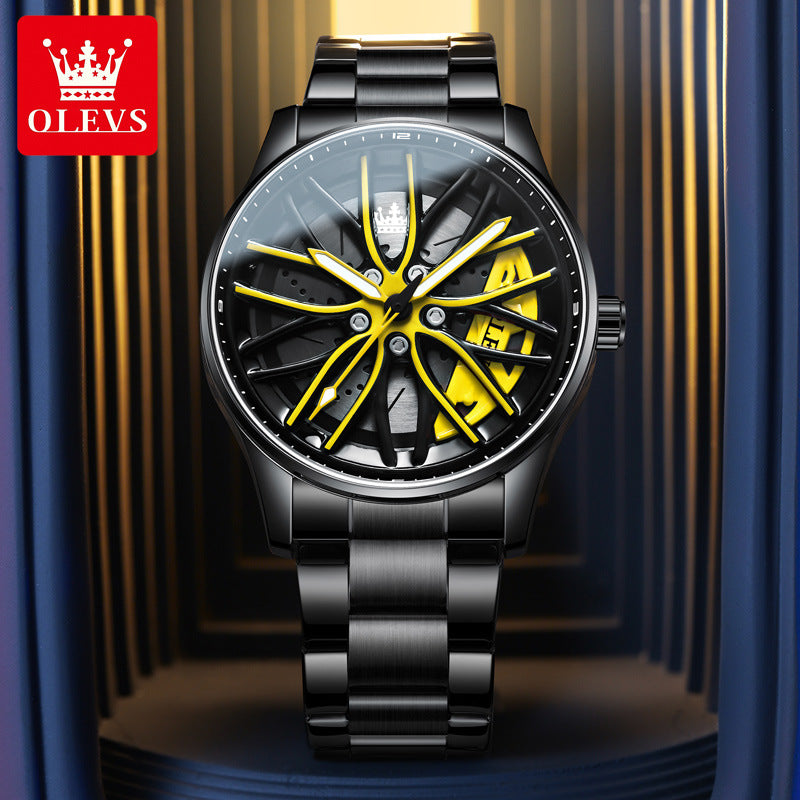 Creative 3D Rotating Wheel Hub Men's Watch - Luxury Stainless Steel Sports Watch