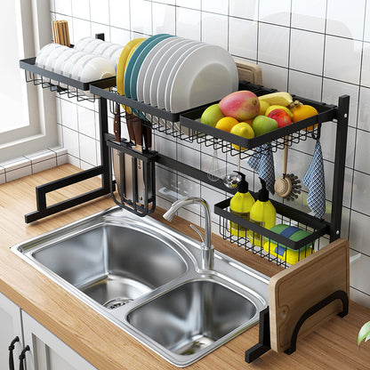 Over the Sink Dish Drying Rack - 2-Tier Stainless Steel Kitchen Organizer & Storage Space Saver (Black, 65/85cm)