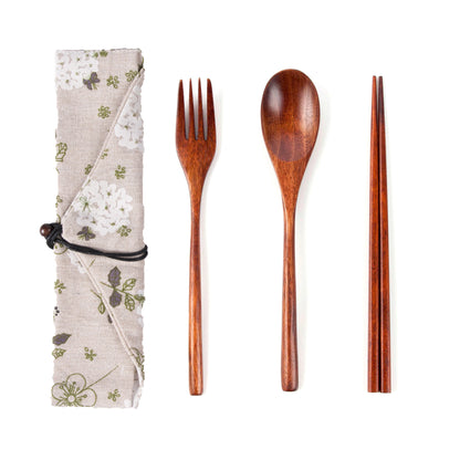 Japanese Style 3-Piece Portable Wooden Cutlery Set with Pouch