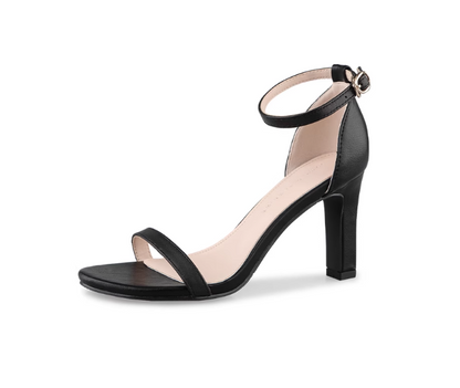 Women's Real Leather Flat Sandals with Thick Heels | French Style Black/Nude High Heel Sandals