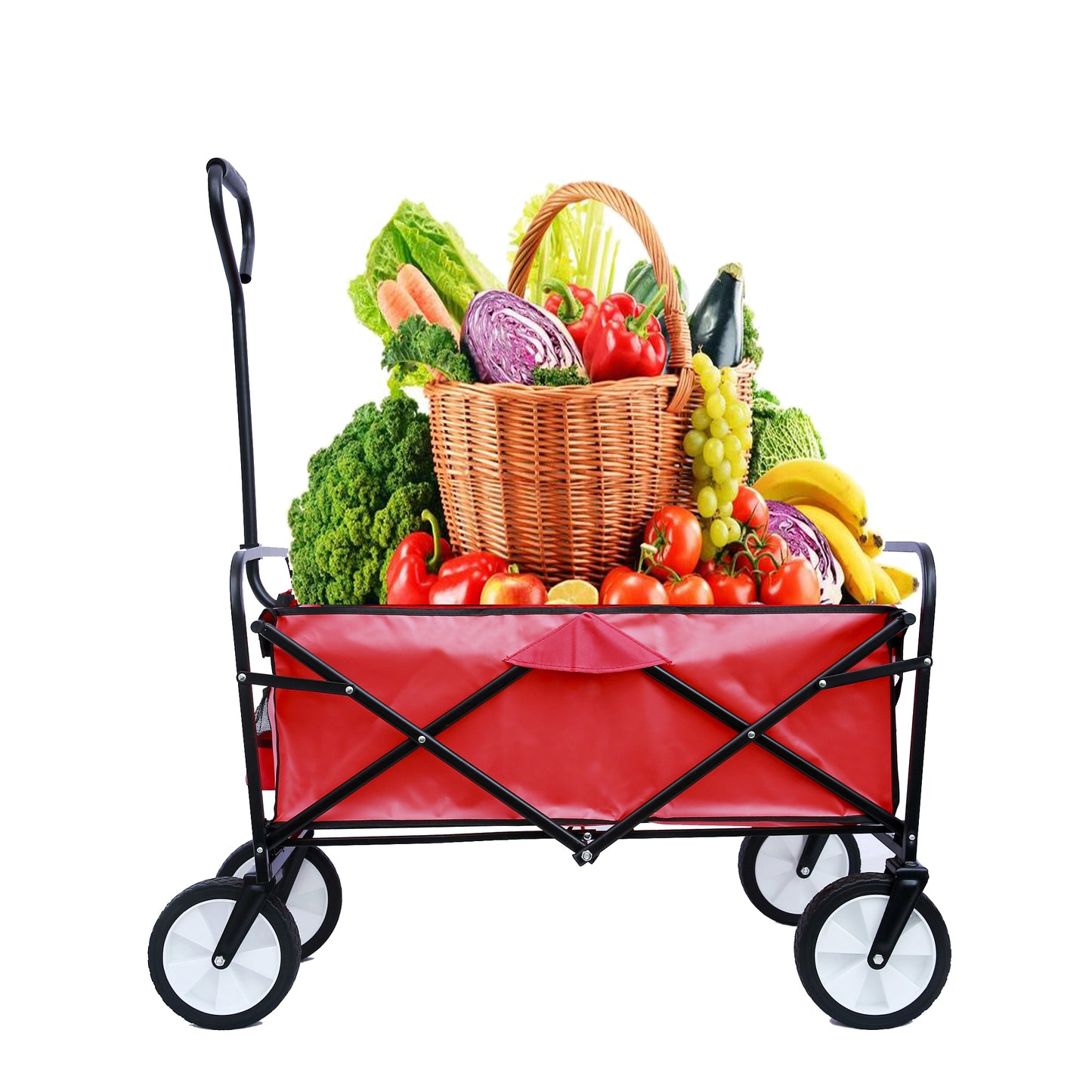 Folding Wagon Garden Shopping Beach Cart – Heavy Duty Red Utility Cart