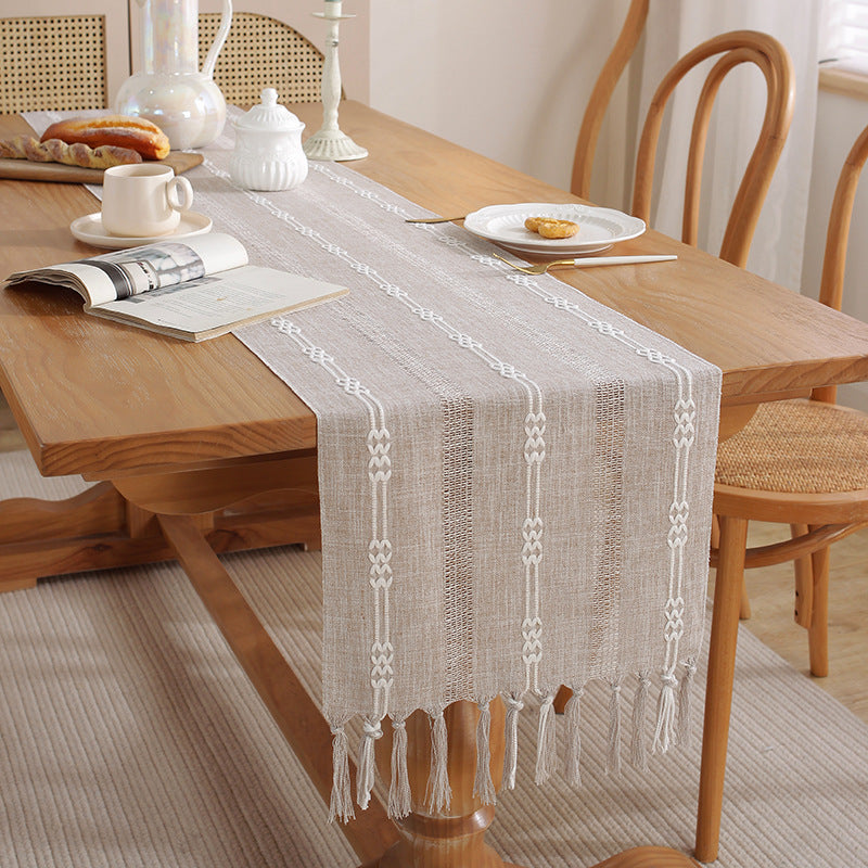 Rustic Hand-Woven Table Runner – Cotton & Linen Boho Table Flag with Tassels