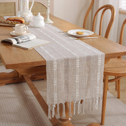 Rustic Hand-Woven Table Runner – Cotton & Linen Boho Table Flag with Tassels