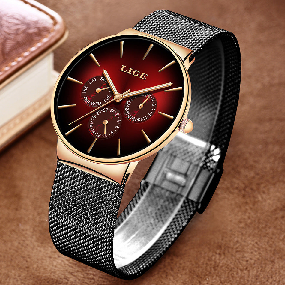 LIGE Men's Luxury Quartz Watch - Slim Mesh Strap Waterproof Business Wristwatch