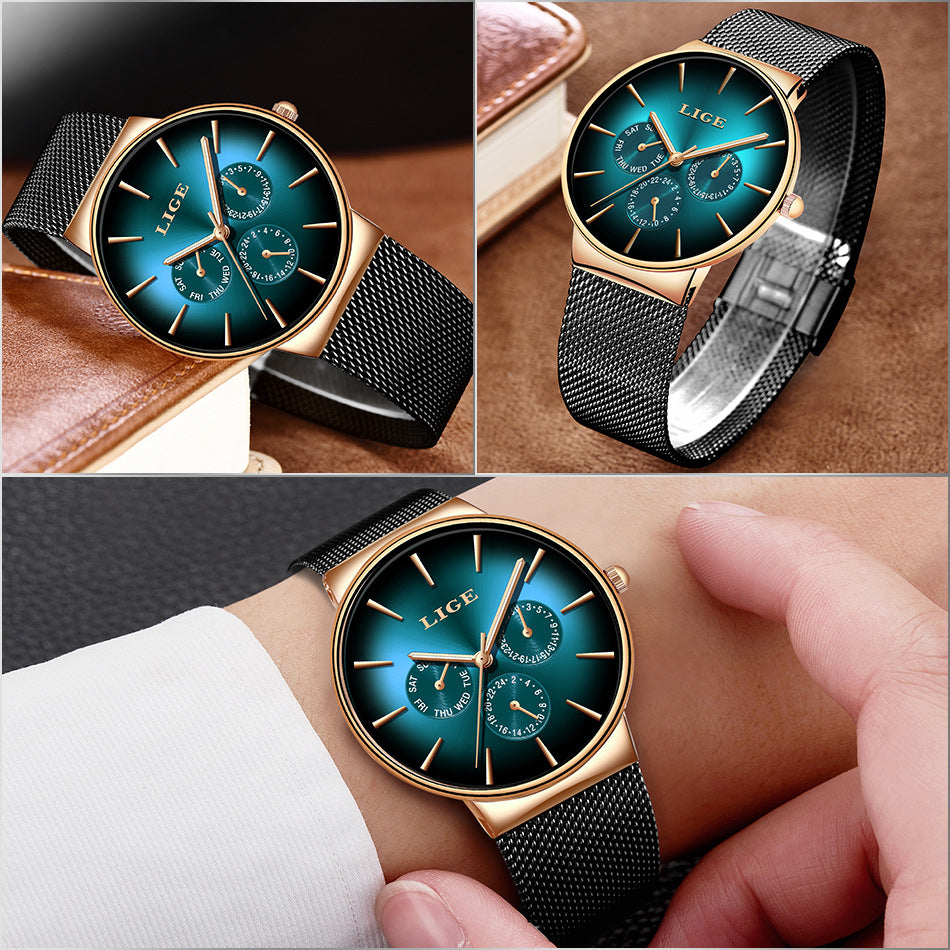 LIGE Men's Luxury Quartz Watch - Slim Mesh Strap Waterproof Business Wristwatch