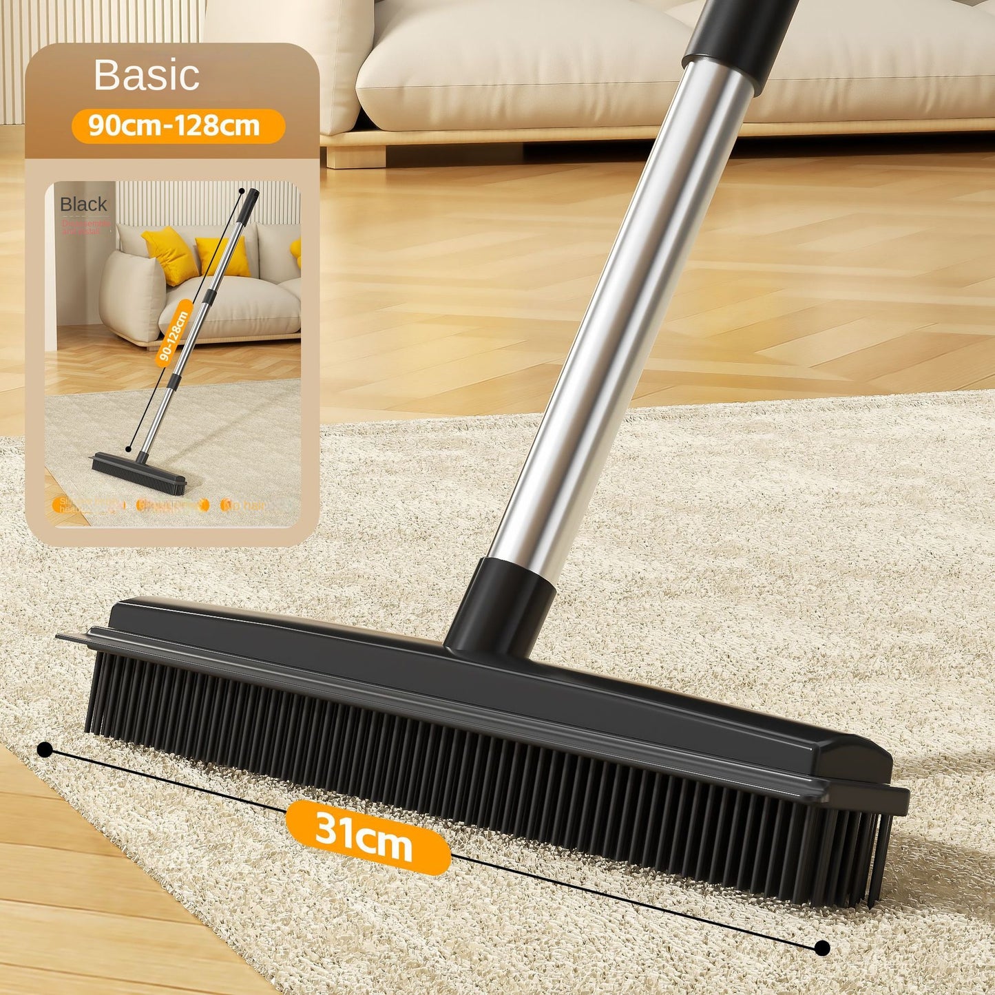 Magic Carpet Brush with Long Handle | Stainless Steel Silicone Floor Cleaning Brush and Water Scraper