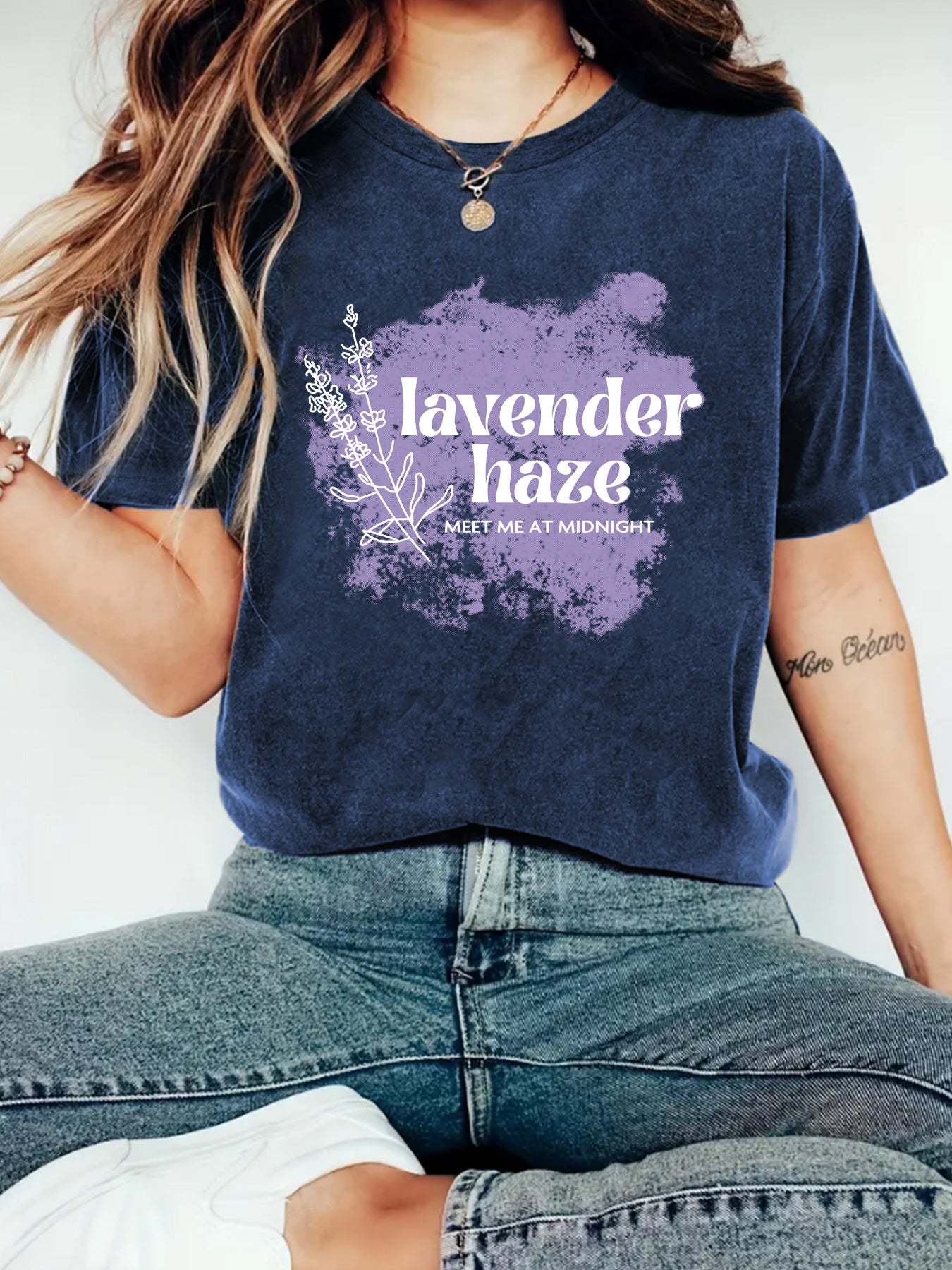 Lavender Haze' Pattern Printed Round Neck Short Sleeved T-Shirt | Graphic Slogan Tee