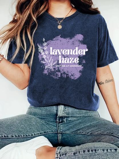 Lavender Haze' Pattern Printed Round Neck Short Sleeved T-Shirt | Graphic Slogan Tee