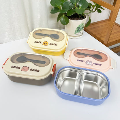 Cute Cartoon Stainless Steel Bento Box - 2-Compartment Insulated Kids Lunch Box with Spoon & Transparent Lid (Eco-Friendly)