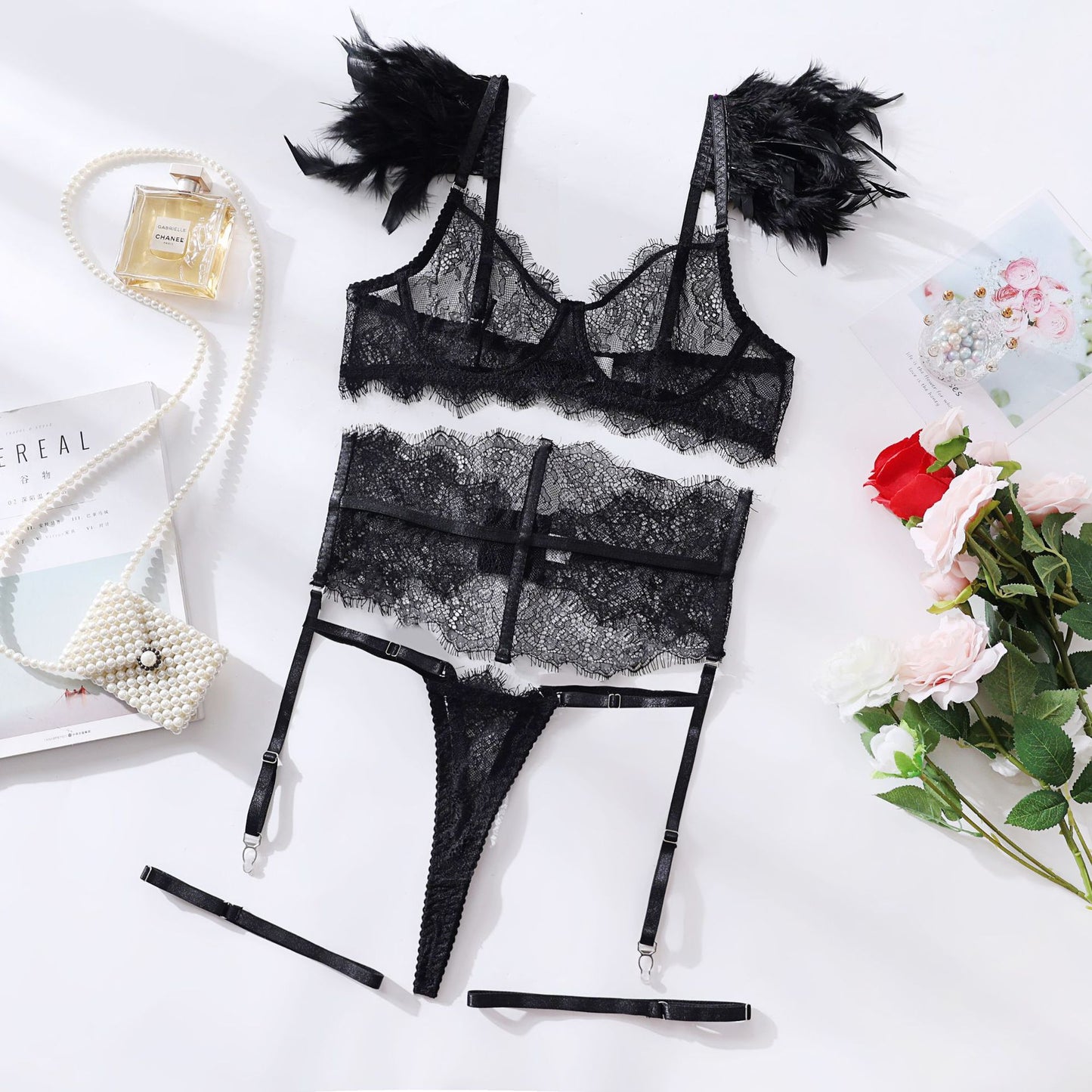 Seductive Feather & Lace Transparent Lingerie - Cross-border 4-Piece Set