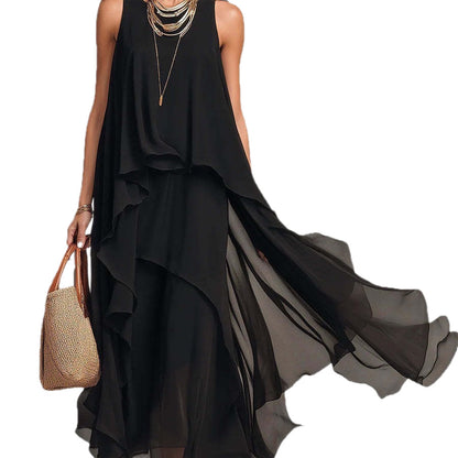 Elegant Layered Loose Black Chiffon Dress - Casual Summer Holiday Long Dress