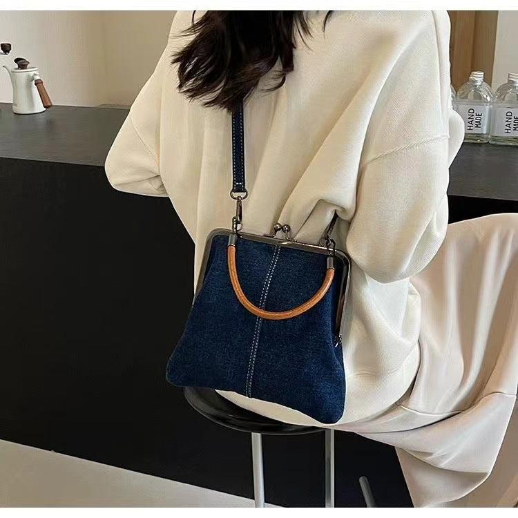 Handmade Denim Splicing Handbag with Wooden Handle (Small Crossbody)