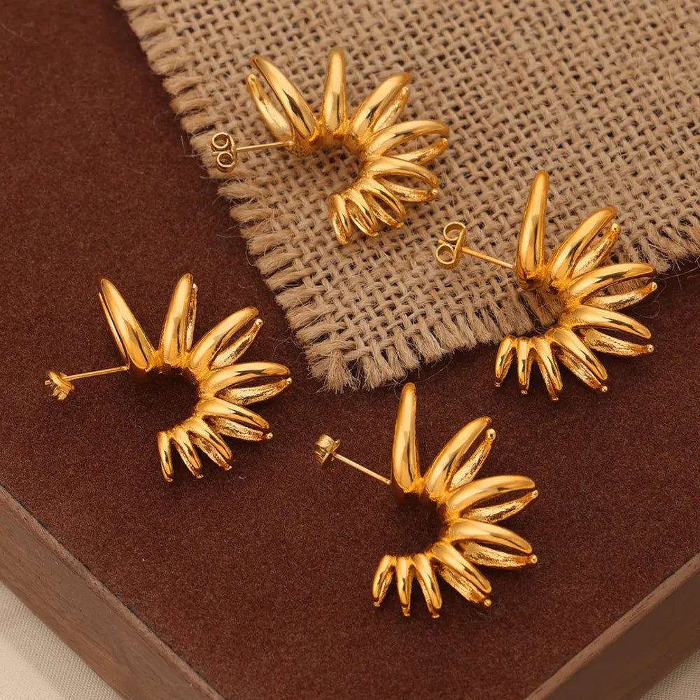 Bold Gold Tone Irregular Flower Statement Earrings