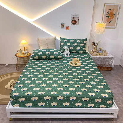 Premium Cotton Elastic Fitted Bed Sheet – Non-Slip Geometric Printed Bed Linen for Queen & King Size Beds
