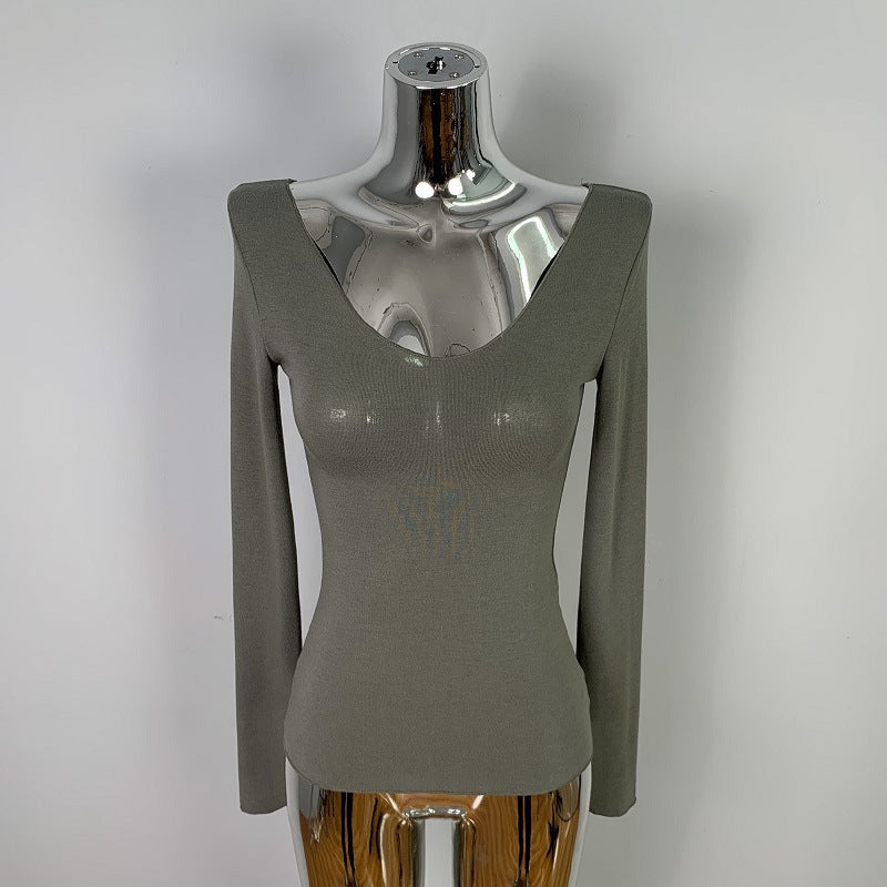 Chic Ribbed Long Sleeve V-Neck Top - Slim Fit Solid Grey Casual Base Layer