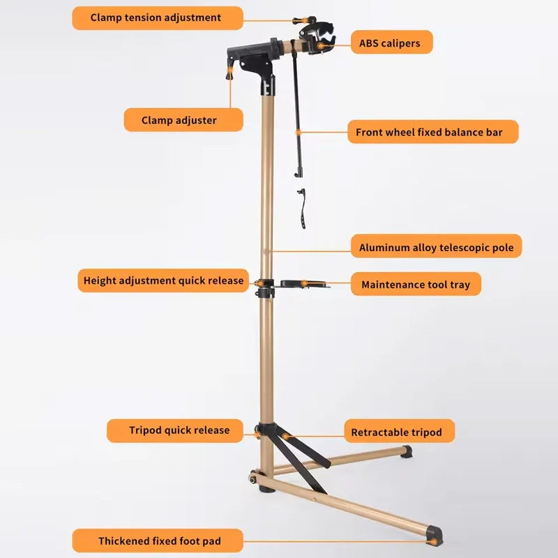 Adjustable aluminum alloy bike repair stand with clamp, tool tray, tripod base and labeled features.