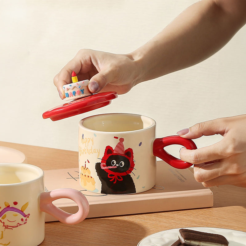 Adorable Cartoon Cat Birthday Ceramic Mug with Lid and Gift Box