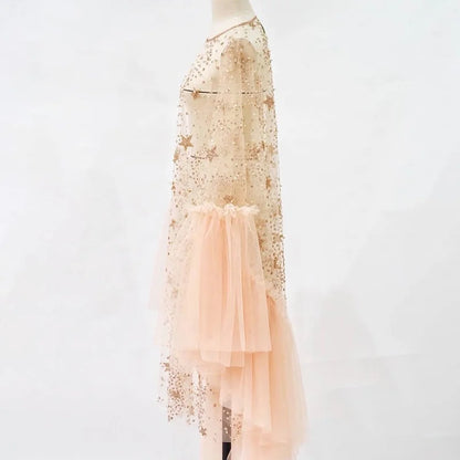Sparkly Star Mesh Cover-Up Dress - Elegant Flare Sleeve Sheer Party Outfits for Women