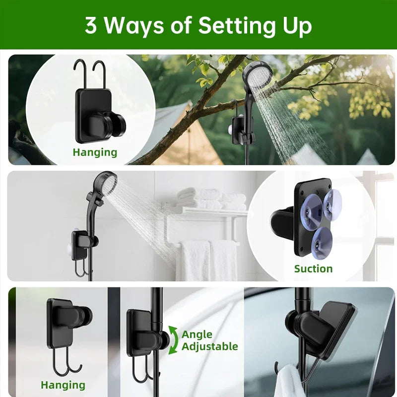 Shower head holder with three setup options: hanging, suction, and angle adjustable mount.