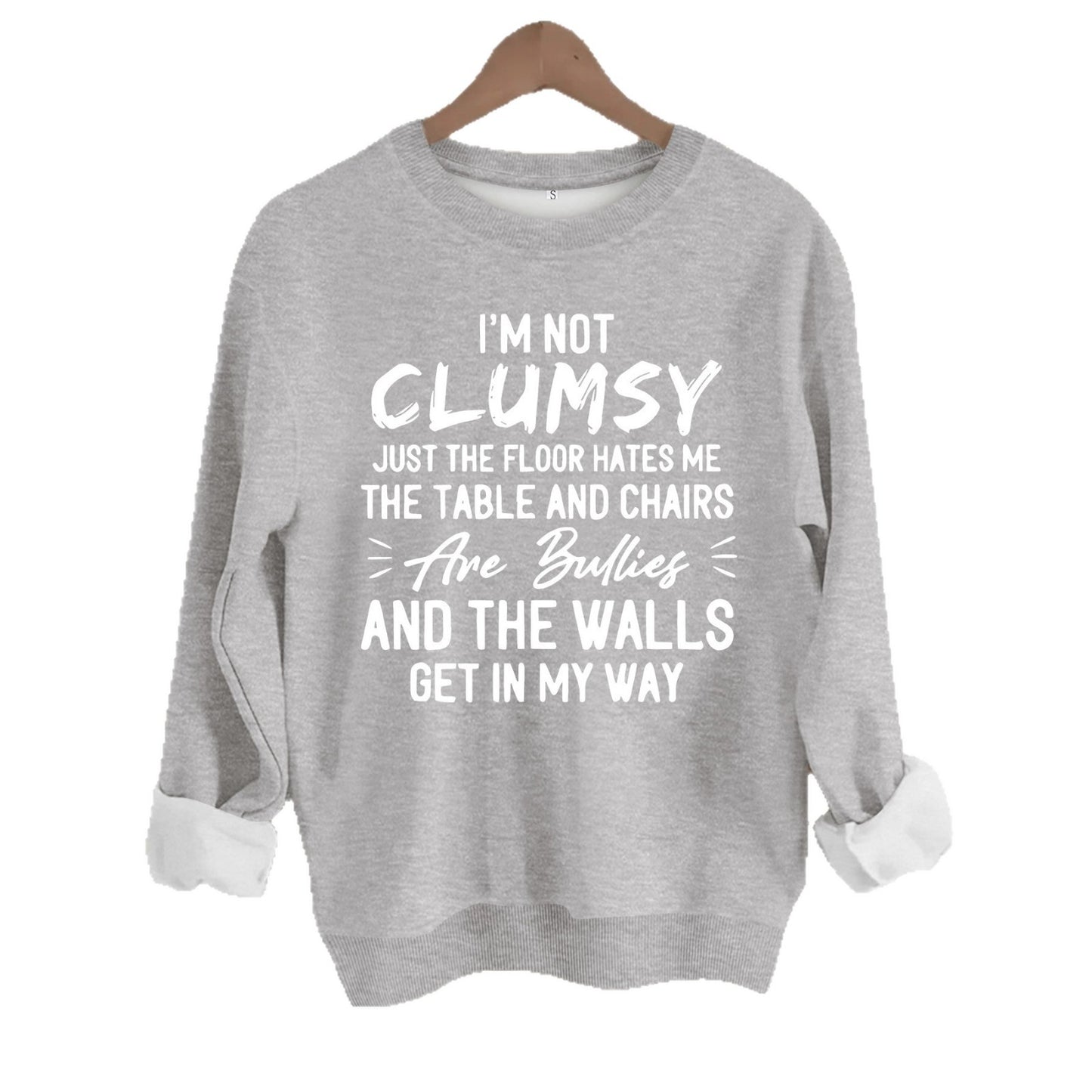 unny "I'm Not Clumsy" Letter Print Sweatshirt | Loose Fit Grey Crewneck Pullover