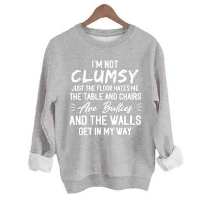 unny "I'm Not Clumsy" Letter Print Sweatshirt | Loose Fit Grey Crewneck Pullover