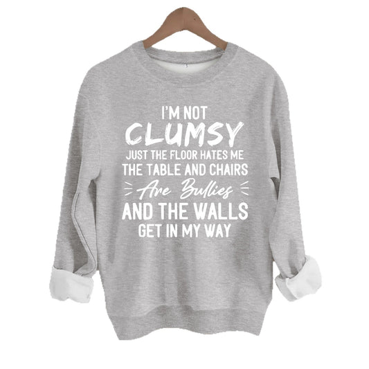 unny "I'm Not Clumsy" Letter Print Sweatshirt | Loose Fit Grey Crewneck Pullover
