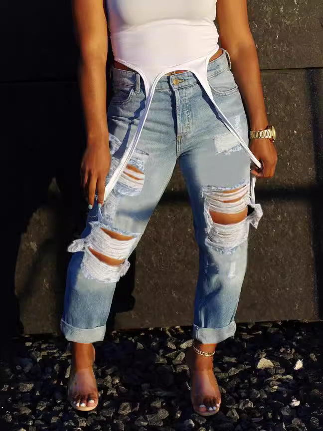 High-Rise Distressed Nine-Panel Denim Pants - Chic Ripped Jeans