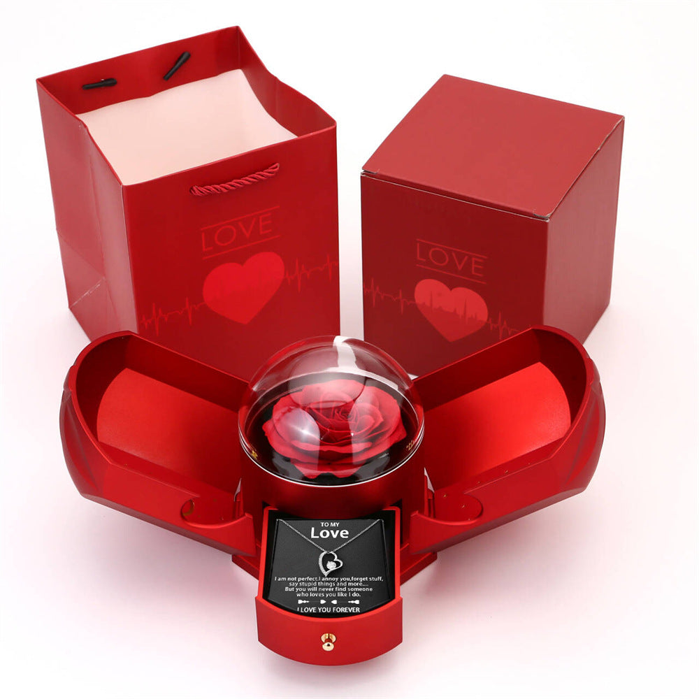 Romantic Double Open Rose Jewelry Gift Box | Angel Wings Drawer Style Necklace Presentation Case