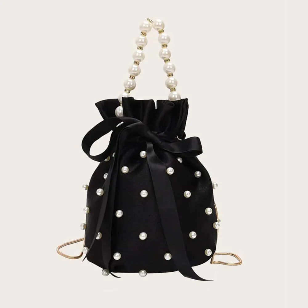 Elegant Pearl Embellished Solid Color Bucket Bag (Drawstring)