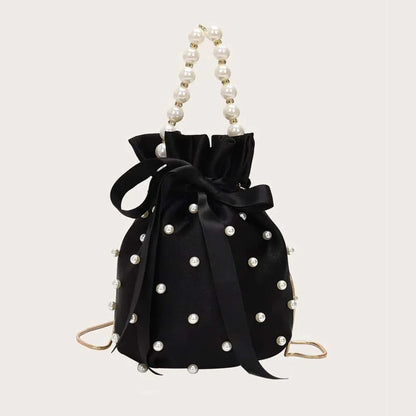 Elegant Pearl Embellished Solid Color Bucket Bag (Drawstring)