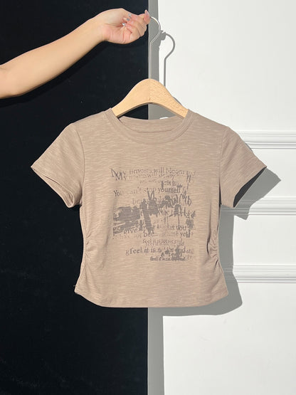 Summer Fashion Round Neck Fitted Tee - Retro Graphic Top for Women