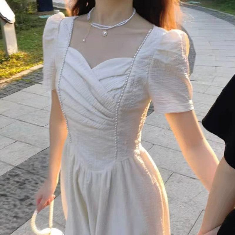French Retro Fairy White Maxi Dress - Elegant Short Puff Sleeve High Waist Gentle Temperament Long Skirt
