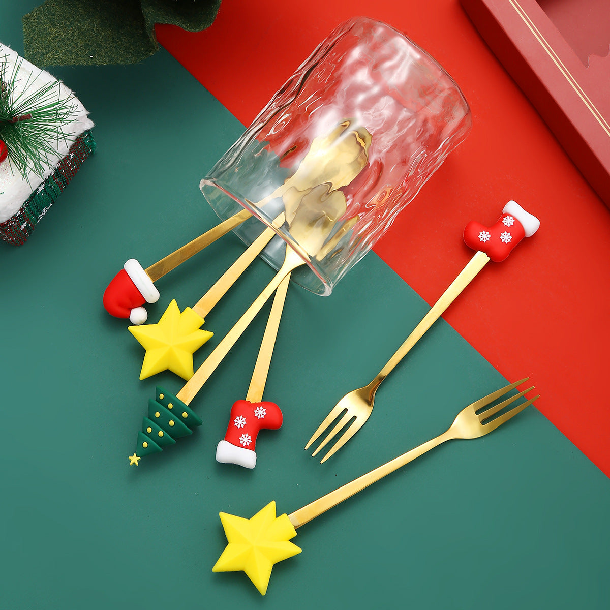 Luxury Christmas Gift Tableware Set - Gold Stainless Steel Coffee Spoon & Dessert Fork with Festive Cartoon Handles (Set of 4)