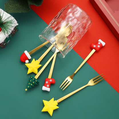 Luxury Christmas Gift Tableware Set - Gold Stainless Steel Coffee Spoon & Dessert Fork with Festive Cartoon Handles (Set of 4)