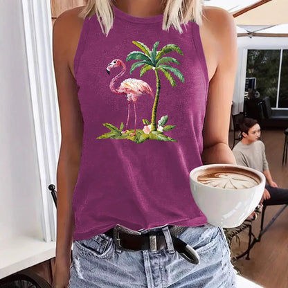 Flamingo Palm Tree Pattern Loose Women's Tank Top | Tropical Graphic Sleeveless Shirt