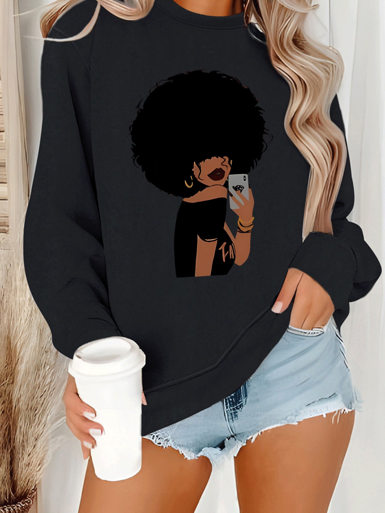 Afro Woman Portrait Print Sweatshirt | Stylish Orange Crewneck Pullover for Women