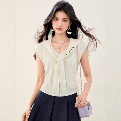 Women's Sailor Collar Embroidered Knit Top - Mock Two-Piece Flutter Sleeve Shirt
