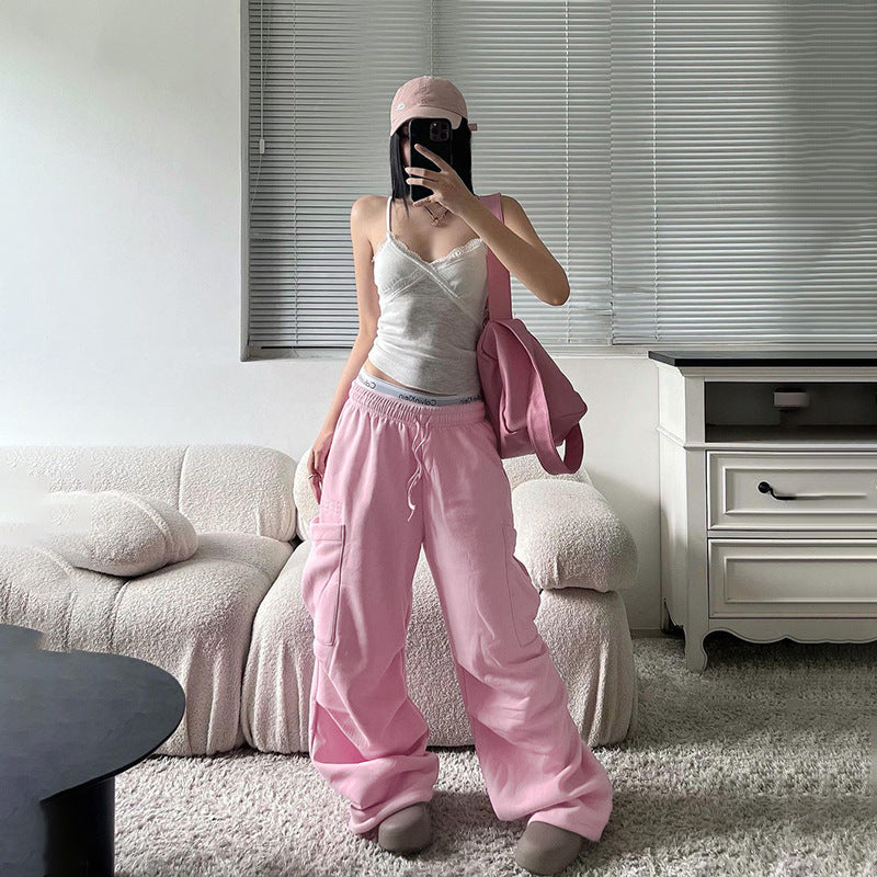 Pink High-Waisted Baggy Workwear Cargo Sweatpants